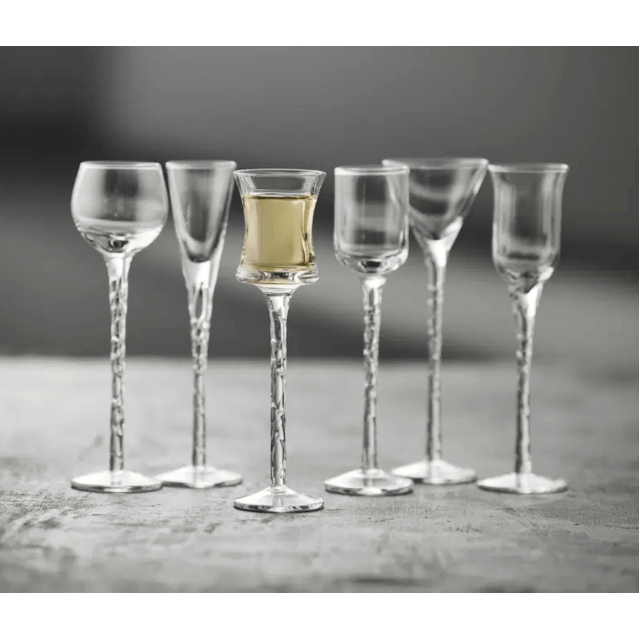 Lyngby Glas Snapseglas på fod i assorterede former 6 stk i klar m. snoet stilk, Rom